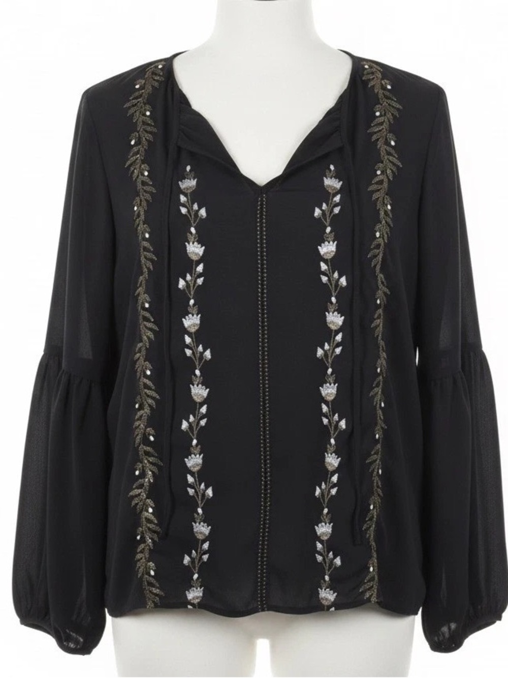 Lord & Taylor Black V-Neck Embroidered Bishop-Sleeve Blouse